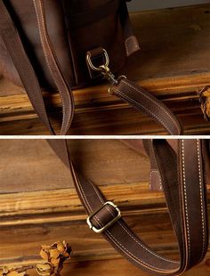 two pictures of a brown leather bag on top of a wooden table with pine cones