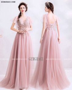 Pink Tulle V-neck Evening Dress, Pink V-neck Gown For Prom Season, V-neck Tulle Gown For Prom Season, Pink V-neck Evening Dress For Prom Season, Pink V-neck Dress For Banquet, Pink V-neck Evening Dress For Wedding, Pink V-neck Bridesmaid Gown, Pink V-neck Wedding Evening Dress, V-neck Evening Dress With Tulle Skirt