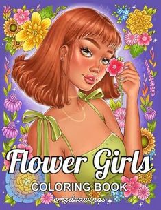 the flower girls coloring book is in front of a purple background with flowers and daisies