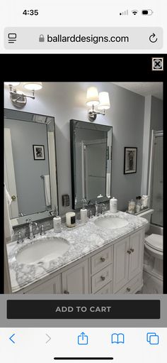 a bathroom with two sinks and mirrors on the wall next to it is shown in an instagram