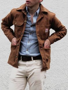 A guide to men's fall fashion in 2019. Check here for top men's fall jackets, flannels and sweaters. #mensfashion #mensfallfashion #mensfalljacket Beige Chinos, Mens Fashion Rugged, Tan Pants, Chore Coat, Mens Fashion Fall, Single Breasted Jacket, Mens Fall, Cool Jackets, Brown Jacket