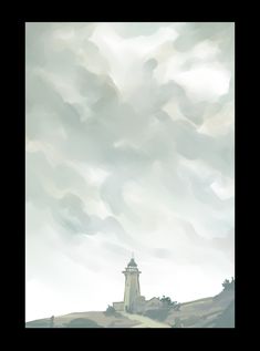 a painting of a lighthouse on top of a hill