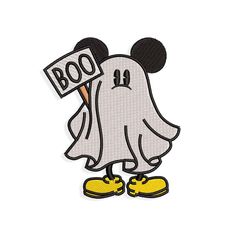 a cartoon character with a sign in his hand that says boo on the front and back