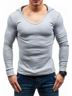 Slim Fit Solid Color Hooded T-shirt - Light Gray - 3682246810 - Men's Clothing, Men's Tops & T-Shirts, Men's T-Shirts  #MensTShirts #Men's #Clothing # #Men's #Tops #& #TShirts # #Men's #TShirts Stretch Long Sleeve Hoodie For Summer, Stretch Long Sleeve Summer Hoodie, Summer Long Sleeve Stretch Hoodie, Casual Fitted Hooded Top, Basic Hooded Top For Spring, Fitted Hooded Summer Tops, Summer Mens, Casual Sport, Men's Tops