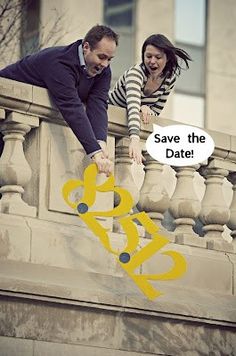 a man and woman leaning on a railing with the words save the date above them