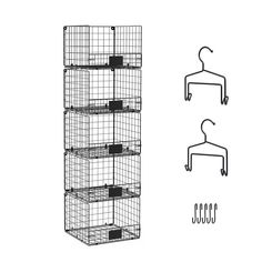 three wire shelves with hangers on them, one is black and the other is white