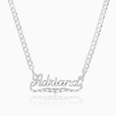 Figaro Chain Nameplate Jewelry For Anniversary, Elegant Nameplate Curb Chain Necklace, Anniversary Silver Name Necklace With Figaro Chain, Elegant Nameplate Necklace With Figaro Chain, Silver Nameplate Chain Necklace With Adjustable Chain, Elegant Nameplate Figaro Chain Jewelry, Elegant Name Necklace With Figaro Chain For Anniversary, Silver Nameplate Necklace With Adjustable Chain, Silver Custom Nameplate Necklace With Adjustable Chain