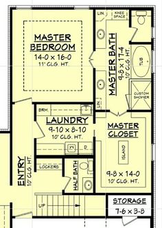 the first floor plan for a house with two master suites and an attached laundry room