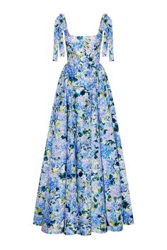 Blue Hydrangea strapped maxi dress Floral Evening Gown Haute Couture, Blue Hydrangea Dress, Blue Floral Gown, Milla Dresses, Hydrangea Dress, Casual Floral Dress, Bow Straps, Blue Summer Dress, Tie Sleeve Dress