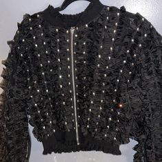 Brand New Never Worn Tag Still Attached. 100% Authentic Akira “Try Hard” Black Rhinestone & Ruffled Sheer Fashion Jacket. Can Be Paired With Dress Or Pants. Black Outerwear With Rhinestone Rivets And Long Sleeves, Black Long Sleeve Outerwear With Rhinestone Rivets, Trendy Embellished Outerwear For Party, Edgy Embellished Winter Outerwear, Chic Outerwear With Rhinestones For Night Out, Fitted Long Sleeve Outerwear With Rhinestone Fringe, Spring Party Outerwear With Rhinestone Fringe, Edgy Embellished Long Sleeve Outerwear, Long Sleeve Rhinestone Outerwear For Fall