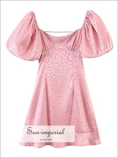 Pink Leopard Satin Mini Dress with Puff Short Sleeve and Lace up back detail best seller Pink Leopard Dress, Pink Satin Mini Dress, Boho Mini Dress, Whimsical Fashion, Leopard Dress, Retro Women, Jacquard Dress, Satin Mini Dress, Pink Mini Dresses