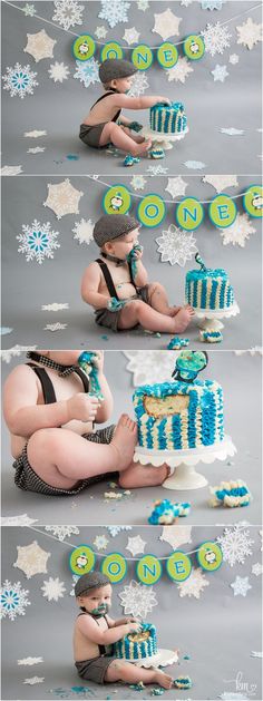 a woman sitting on the ground in front of a cake with snowflakes around her