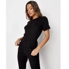 New Store Display With Tag See Pictures Style# Whm99906368/Black This Short Sleeve Jumpsuit Features In Thick Black Ribbed Finish, With Front Pockets, Elasticated Waist And A Tapered Leg Style. Front Rise 26.5”/Inseam 26” Missguided Jumpsuit, Lace Jumper, Lace Playsuit, Skort Romper, Short Sleeve Jumpsuit, Bell Sleeve Romper, Wrap Skort, Boho Romper, Long Romper