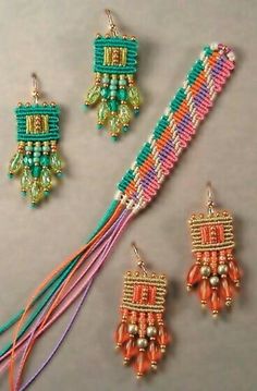 three pieces of beaded jewelry are displayed on a gray surface, including earrings and bracelets