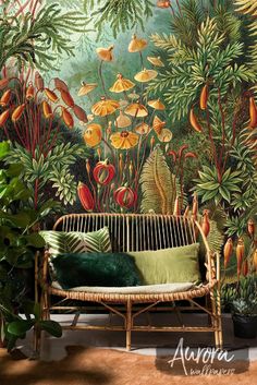 a bench sitting in front of a wall with plants and flowers on it's sides