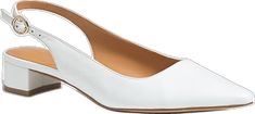 White Low Heel Sandals For Office, White Block Heel Slingback Pumps For Work, Modern White Low Heel Slingback Sandals, Classic White Slingback Sandals For Formal Occasions, White Low Heel Slingback Sandals, Formal White Medium Width Slingback Sandals, Modern White Slingback Sandals For Formal Occasions, White Low Heel Classic Slingback Pumps, White Slingback Pumps With Stacked Heel