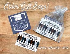 two gift bags with stickers on them and the words, father's day gifts for