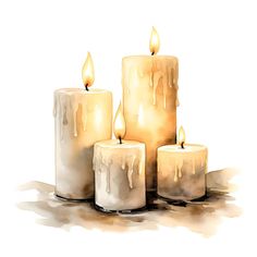 three lit candles are sitting next to each other on the floor with watercolor paint