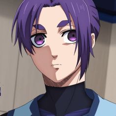 an anime character with purple hair and blue eyes