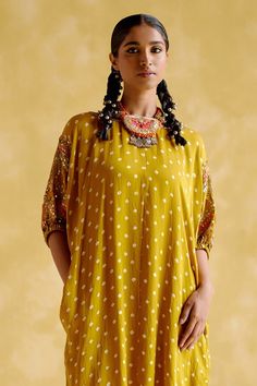 Mustard tunic with bandhani woven motifs and gota patti, sequin, zari thread, metal beads, mirror embroidery on sleeves. Paired with draped pant. - Aza Fashions Bandhani Pattern, Mirror Embroidery, Drape Pants, Tunic Pattern, Satin Color, Pant Set, Set For Women, Metal Beads, Aza Fashion