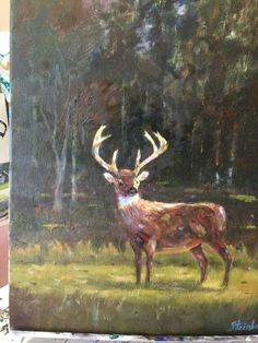 an oil painting of a deer standing in the grass with trees in the back ground