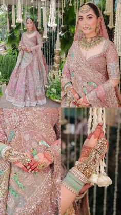 a woman in a pink and gold bridal gown with jewelry on her hands, posing for the camera