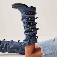 Free People A.S.98 Tatum Over The Knee Boot 5 Buckle River Blue Leather Mixed Of Distressed Leather & Suede With 5 Buckles * 1/2 Zipper * Pull On Styling New With Tags * Size: 37 / 7 Retail Price: $630.00 1.25" Molded Rubber Sole * 19.5" Shaft Blue Leather Moto Boots For Fall, River Blue, Blue River, Knee Boot, Free People Shoes, Distressed Leather, Over The Knee Boots, Blue Leather, Over The Knee