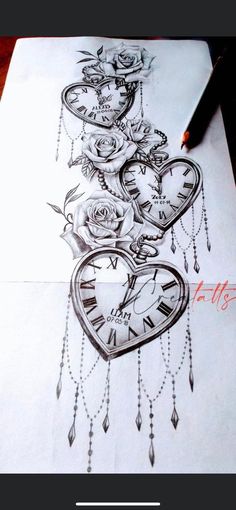 a drawing of a clock and roses on paper