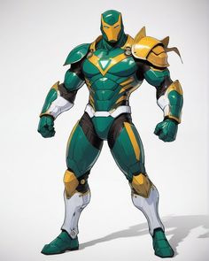 a green and yellow robot is standing in front of a white background with his hands on his hips