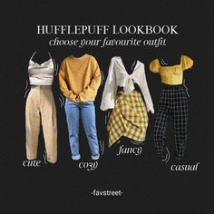 Hufflepuff Aesthetic Outfits, Hufflepuff Lookbook, Hogwarts Houses Outfits, Hogwart Houses, Shifting Closet, Hufflepuff House