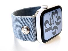 Elastic Apple Watch band - stretchy, comfortable and light! These are hand made and made to order by me in Northern California U.S. NEW Exclusive European Fabrics - Soft and durable! Light Blue Denim - perfect for a summer band Clean simple lines Hardware Free Stretch Elastic - this material is a little more structured and holds its shape beautifully and will not stretch out. Incredibly light and comfortable. Signature rivets will compliment your adapters. I'm proud of this simple design because Casual Bracelet Strap Watch Bands For Everyday Use, Casual Bracelet Strap Apple Watch Band For Everyday, Adjustable White Apple Watch Band For Everyday, Trendy Blue Apple Watch Band With Bracelet Strap, Casual Adjustable Bracelet Strap Watch Bands, Trendy Adjustable Watch Band For Everyday, Casual Blue Apple Watch Band With Bracelet Strap, Trendy Adjustable Blue Apple Watch Band, Casual Apple Watch Band With Bracelet Strap