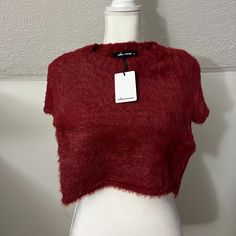 Fits Like An Xs Red Fuzzy Crop Top Fall Crew Neck Crop Top For Party, Fall Party Crop Top With Crew Neck, Red Fitted Crop Top For Winter, Fitted Red Crop Top For Winter, Red Crew Neck Tops For Night Out, Trendy Red Winter Crop Top, Trendy Red Crop Top For Winter, Red Cropped Tops For Winter, Red Fitted Sweater For Party