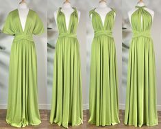 four different views of a green dress on mannequins in front of a white wall