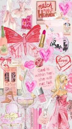 a collage of pink and red items on a white background with words written below