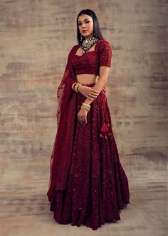 Deep Red Color Monotone Lehenga GULBARG Maroon Red Lehenga, Deep Red Lengha Bridal, Deep Maroon Bridal Lehenga, Crimson Red Lehenga, Dark Red Lengha, Red Sangeet Lehenga, Single Colour Lehenga, Red Lehenga Aesthetic, Dark Red Lehenga Bridal