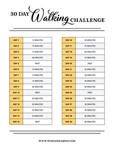 the 30 day walking challenge is shown in yellow and white with text overlaying it