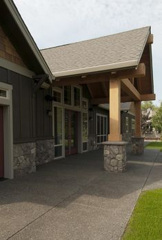 an outside view of a building with stone pillars