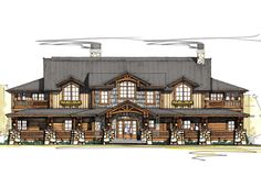 this is an artist's rendering of the front elevation of a lodge style house