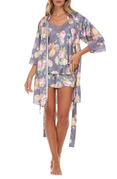 Silky soft satin refines the flowy silhouette of these floral pajamas pairing a lace-trimmed camisole with coordinating shorts and a matching robe. 18" center top front length; 1 1/2" inseam; 27" leg opening; 11" front rise; 13" back rise (size Medium) 35" robe length Includes two-piece short pajamas and short robe Top has V-neck; adjustable straps Robe has three-quarter sleeves; removable tie belt 100% polyester Hand wash, dry flat Imported Summer Satin Home Sets, Floral Print Satin Sleepwear For Loungewear, Spring Bedtime Satin Sets, Satin Floral Print Sleepwear, Spring Satin Sleepwear With Lace Trim, Spring Satin Sets For Daywear, Feminine Satin Sleepwear For Summer, Spring Sleepwear With Lace Trim, Spring Sleepwear With Lace Trim For Sleepover