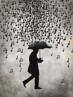 a person walking under an umbrella in the rain with musical notes falling from it's ceiling