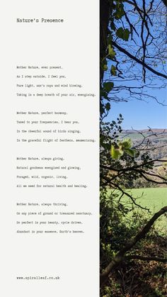 A poem about being closer to nature to experience the beauty, abundance and nourishing healing energy of Mother Nature. Mother Nature Spirituality, Poetry About Nature Beauty, Poems About Nature Earth, Poems About Nature Beauty, Poem About Nature Beauty, Famous English Poems, Mother Earth Poem, Short Poems About Nature, Poem On Nature