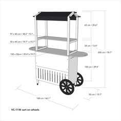 a drawing of a cart with wheels and shelves on each side, showing the width of the cart