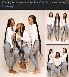 three women in white shirts and jeans posing for the camera with their hands on each other's hips