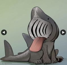 a cartoon shark with its tongue hanging out and it's mouth open, sitting on the ground