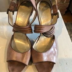 These Are A Pair Of High 4” Skinny Wooden Heel Sandals Designed By Theory , They Are Weathered Leather In Taupe/Brown , 8 Straps Crossing Over Top And Belt Ankle Straps ,1/4” Sole Platform , Open Toe .. Vero Size 37 1/2,, Worn Two Times A Bit Too High For Me ! Leather Sandals With 4-inch Heel And Almond Toe, Elegant Brown Sandals With 4-inch Heel, Brown Wedge Sandals For Party With Round Toe, Brown Wedge Sandals With Heel Strap For Party, Brown Heel Strap Wedge Sandals For Party, Brown High Heel Wedge Sandals For Party, Brown Open Heel Wedge Sandals For Party, Elegant Brown Wedge Sandals For Spring, Elegant Brown Open Toe Wedge Sandals