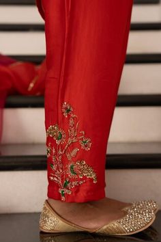 Red kurta with zardosi embroidered bootas. Paired with a pant and dupatta with sequin work. - Aza Fashions Red Kurta, Kurta Pant Set, Women Kurta, Straight Kurta, Kurta With Pants, Satin Silk, Red Satin, Set Women, Pant Set