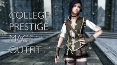 a woman dressed in medieval garb and holding her hands on her hips with the words college prestige mage outfit