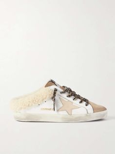 White Superstar Sabot shearling-lined distressed leather and suede slip-on sneakers | GOLDEN GOOSE | NET-A-PORTER Winter Low-top Sneakers With Leather Sole, Designer Low-top Winter Sneakers, Golden Goose Superstar, Golden Goose Shoes, Tan Suede, Distressed Leather, Gold Leather, Golden Goose, Leather Slip Ons