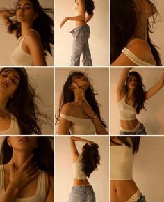 several pictures of a woman posing for the camera with her hands on her hips and arms behind her head