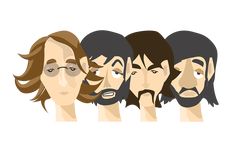 the faces of four men with long hair and beards, each wearing different facial expressions